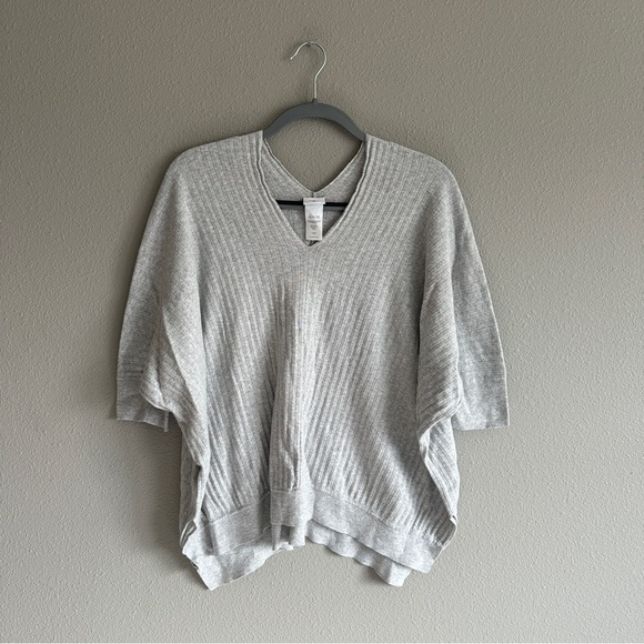 Cabi Gray Ribbed Doleman Sleeve Oversized V-Neck Knit Top Medium - Picture 1 of 10